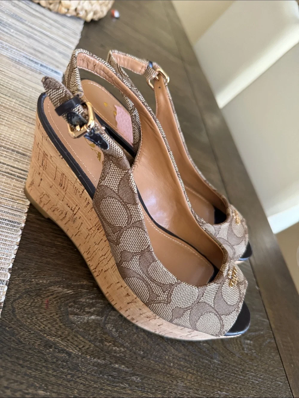 COACH Brown Signature Canvas Peep-Toe Slingback Wedges - Picture 2 of 9